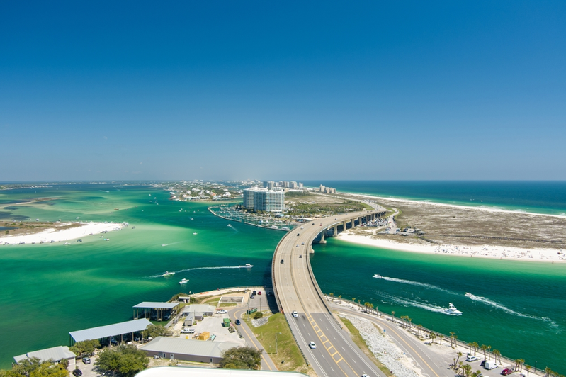 Orange Beach aerial view of bridge spanning turquoise water