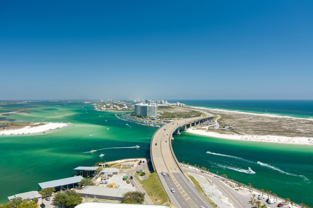 Orange Beach aerial view of bridge spanning turquoise water