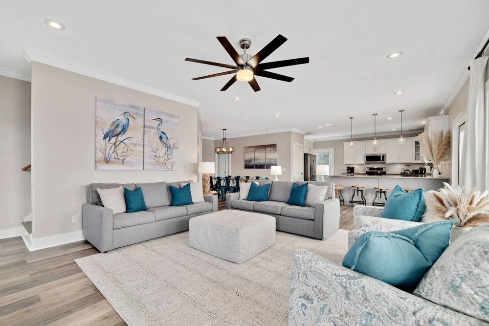living room and kitchen of Gulf Getaway vacation rental in Fort Morgan