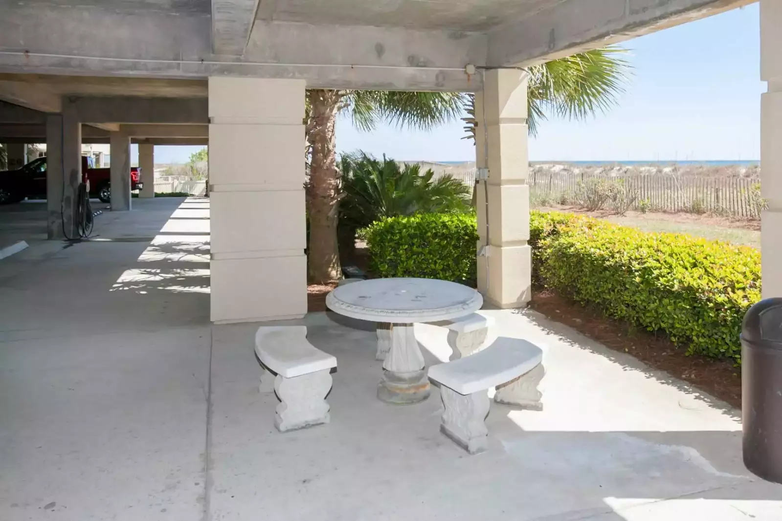 Covered picnic area overlooking beach and Gulf