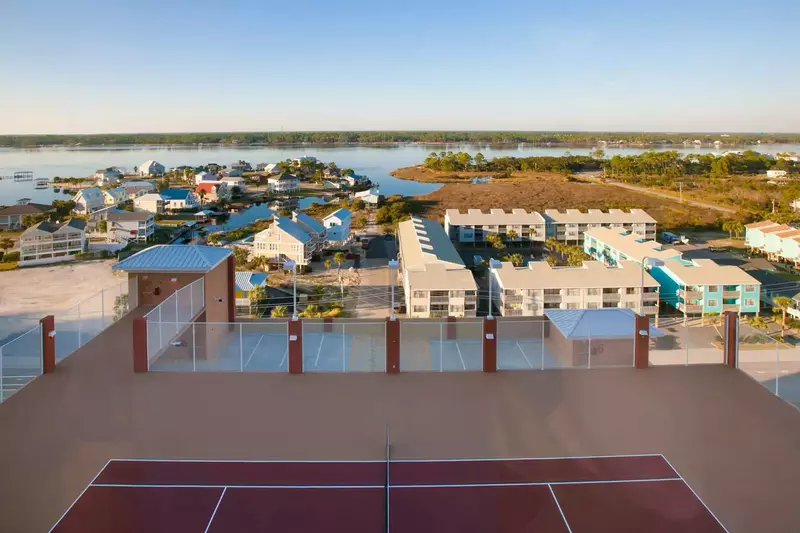 View of the bay over tennis courts
