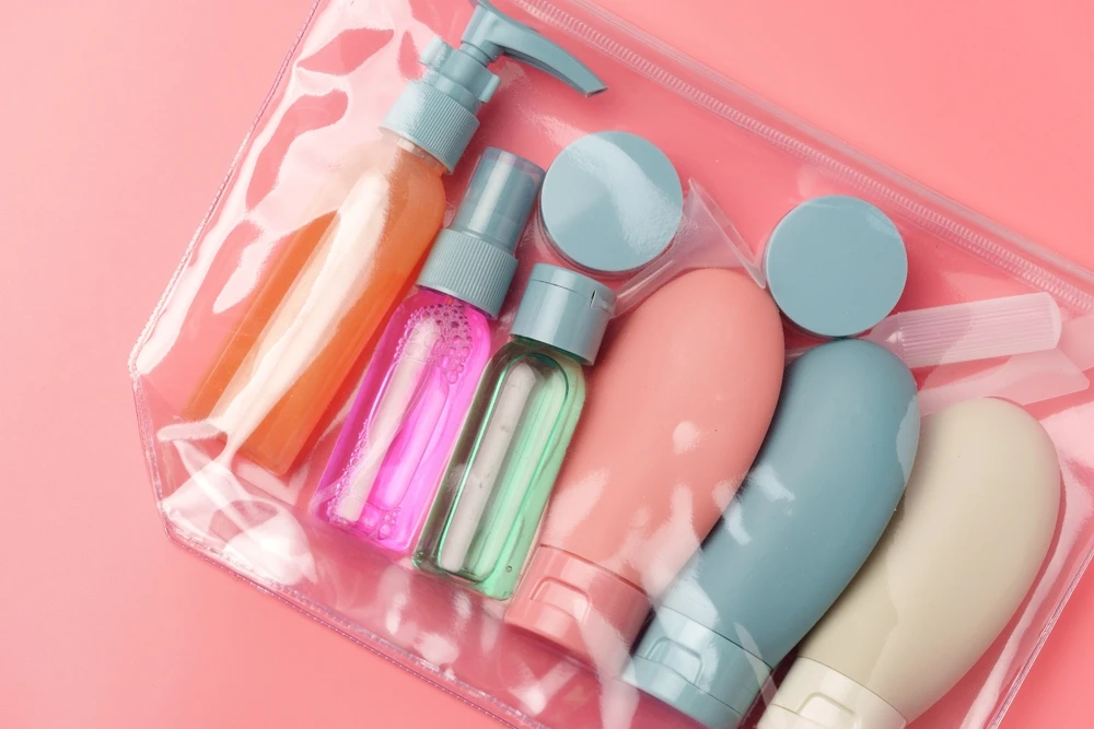 travel-size toiletry bottles in clear bag